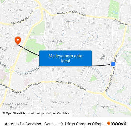 Antônio De Carvalho - Gauchão to Ufrgs Campus Olímpico map