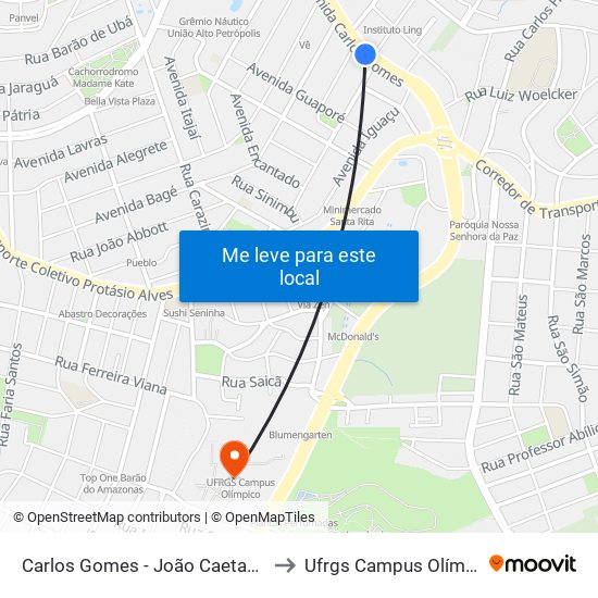 Carlos Gomes - João Caetano Ns to Ufrgs Campus Olímpico map