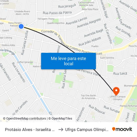 Protásio Alves - Israelita Cb to Ufrgs Campus Olímpico map