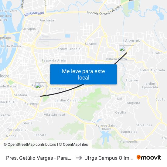 Pres. Getúlio Vargas - Parada 44 to Ufrgs Campus Olímpico map