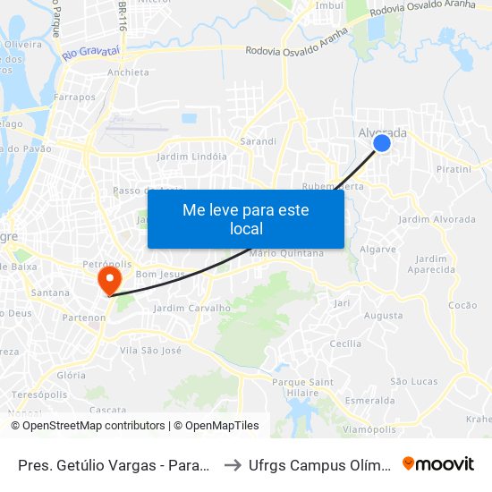 Pres. Getúlio Vargas - Parada 48 to Ufrgs Campus Olímpico map