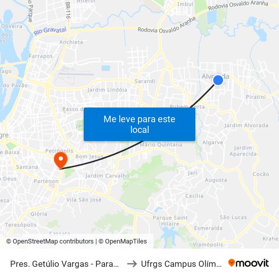 Pres. Getúlio Vargas - Parada 49 to Ufrgs Campus Olímpico map