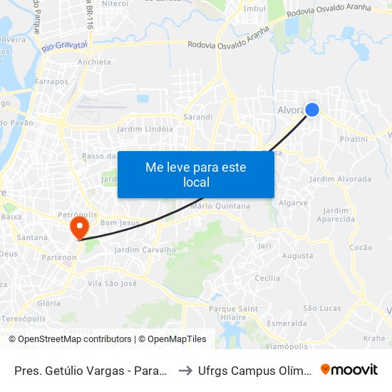 Pres. Getúlio Vargas - Parada 52 to Ufrgs Campus Olímpico map