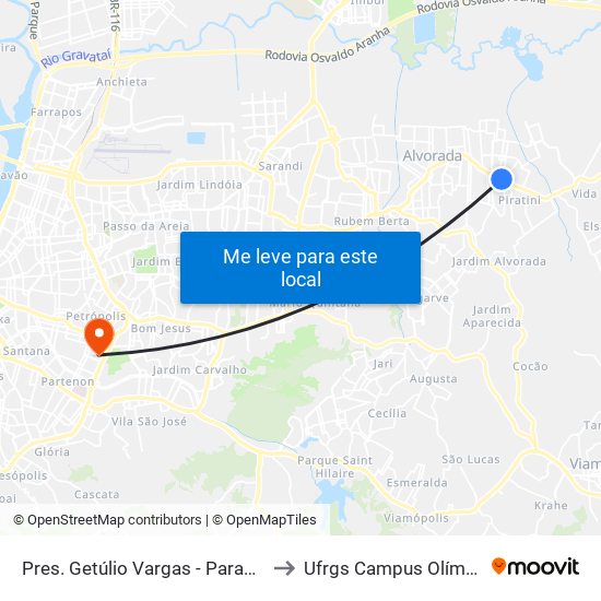 Pres. Getúlio Vargas - Parada 58 to Ufrgs Campus Olímpico map