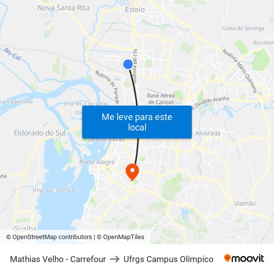 Mathias Velho - Carrefour to Ufrgs Campus Olímpico map