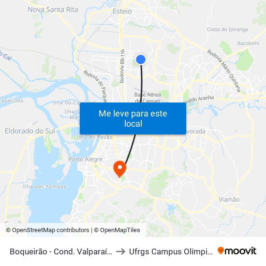 Boqueirão - Cond. Valparaíso to Ufrgs Campus Olímpico map
