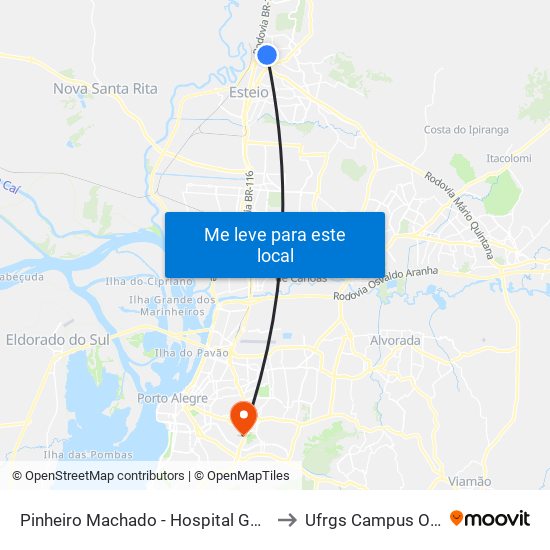 Pinheiro Machado - Hospital Getúlio Vargas to Ufrgs Campus Olímpico map
