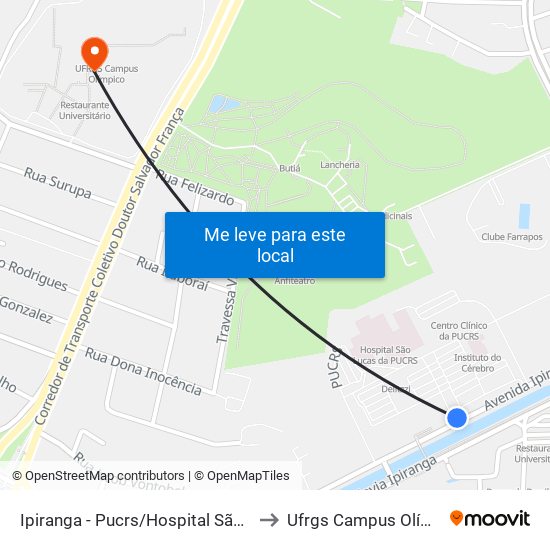 Ipiranga - Pucrs/Hospital São Lucas to Ufrgs Campus Olímpico map