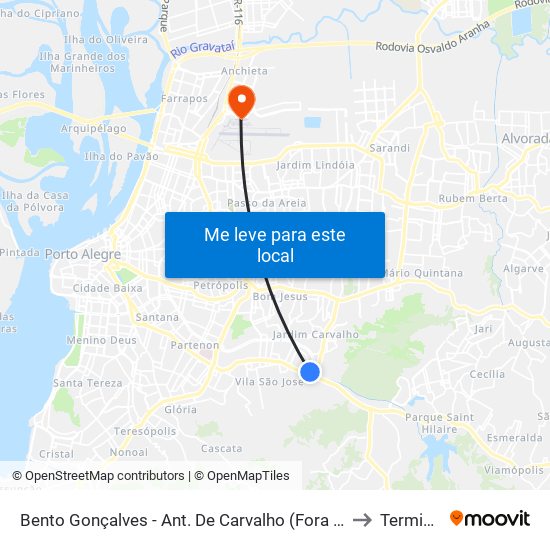 Bento Gonçalves - Ant. De Carvalho (Fora Do Corredor) to Terminal 1 map