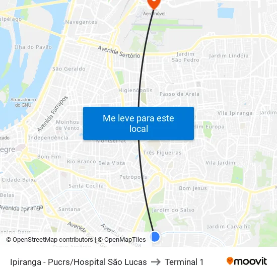 Ipiranga - Pucrs/Hospital São Lucas to Terminal 1 map