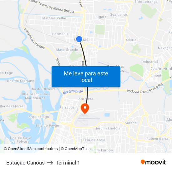 Estação Canoas to Terminal 1 map