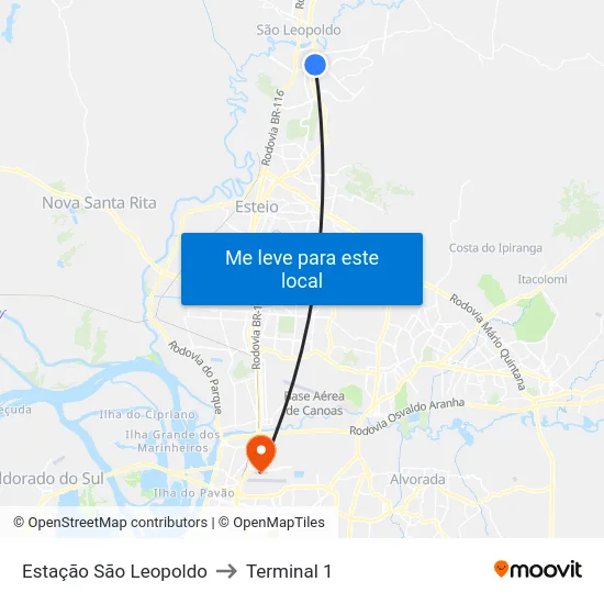 Estação São Leopoldo to Terminal 1 map