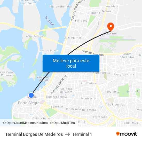 Terminal Borges De Medeiros to Terminal 1 map