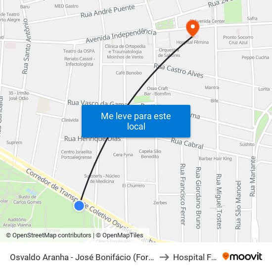 Osvaldo Aranha - José Bonifácio (Fora Do Corredor) to Hospital Fêmina map