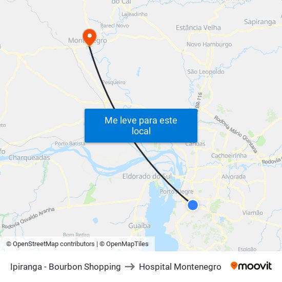 Ipiranga - Bourbon Shopping to Hospital Montenegro map