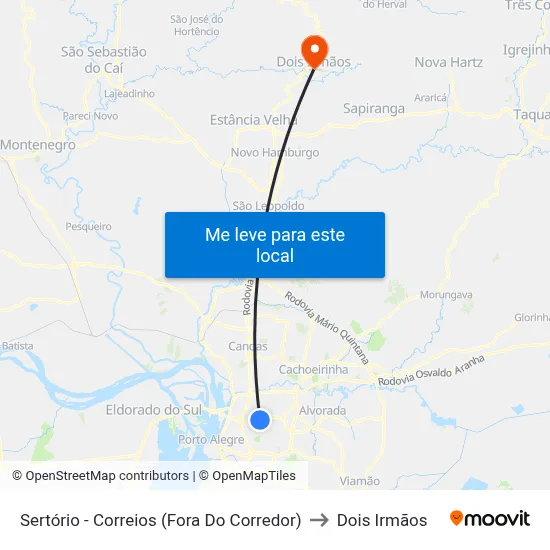 Sertório - Correios (Fora Do Corredor) to Dois Irmãos map