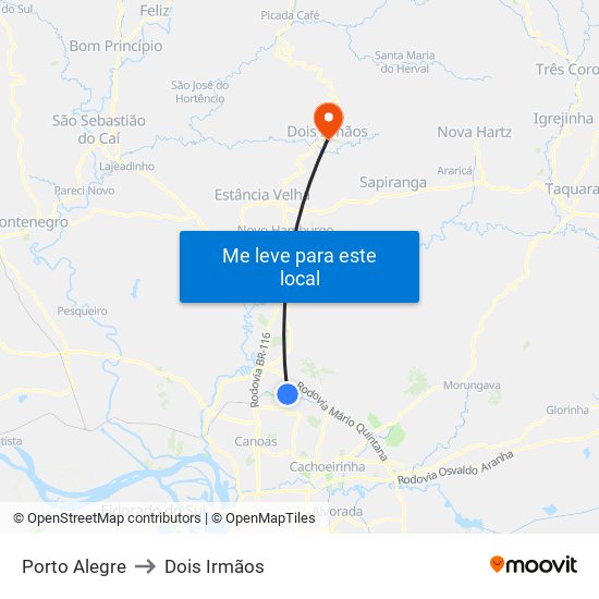 Porto Alegre to Dois Irmãos map