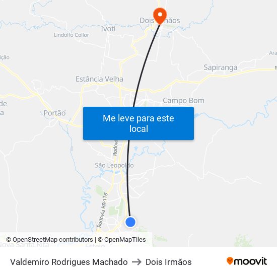 Valdemiro Rodrigues Machado to Dois Irmãos map