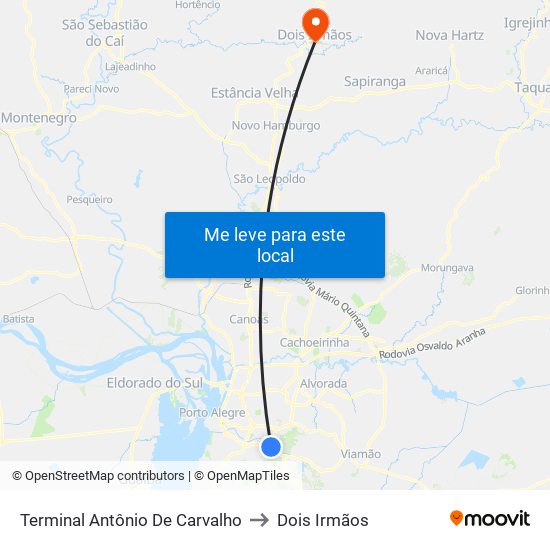 Terminal Antônio De Carvalho to Dois Irmãos map