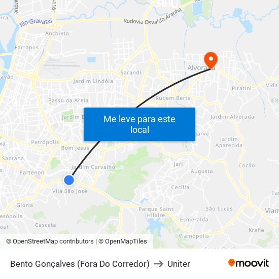 Bento Gonçalves (Fora Do Corredor) to Uniter map