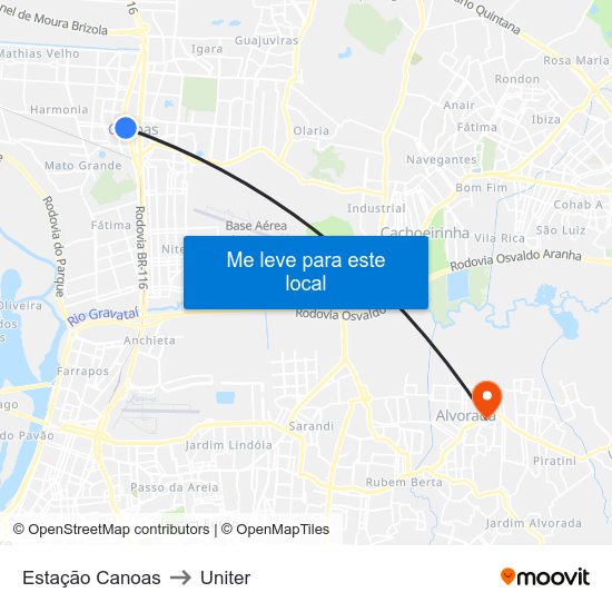 Estação Canoas to Uniter map