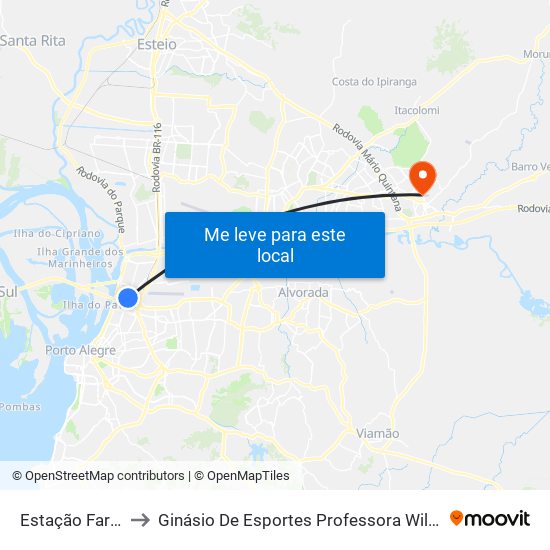 Estação Farrapos to Ginásio De Esportes Professora Wilma Camargo map