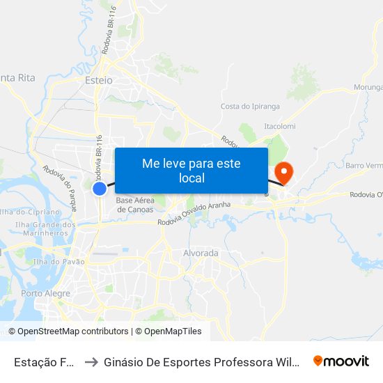 Estação Fátima to Ginásio De Esportes Professora Wilma Camargo map