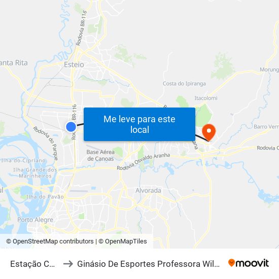 Estação Canoas to Ginásio De Esportes Professora Wilma Camargo map