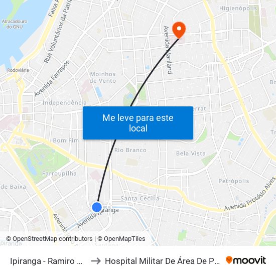 Ipiranga - Ramiro Barcelos to Hospital Militar De Área De Porto Alegre map