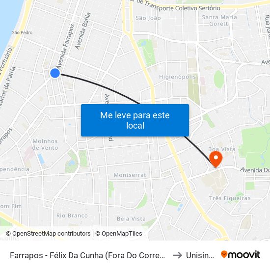 Farrapos - Félix Da Cunha (Fora Do Corredor) to Unisinos map