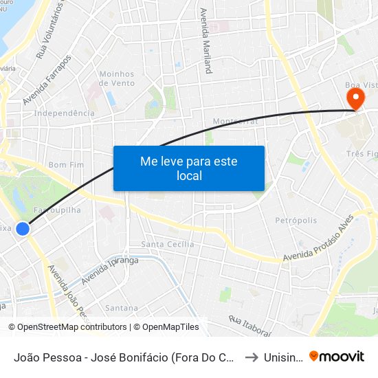 João Pessoa - José Bonifácio (Fora Do Corredor) to Unisinos map