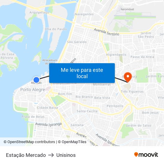 Estação Mercado to Unisinos map