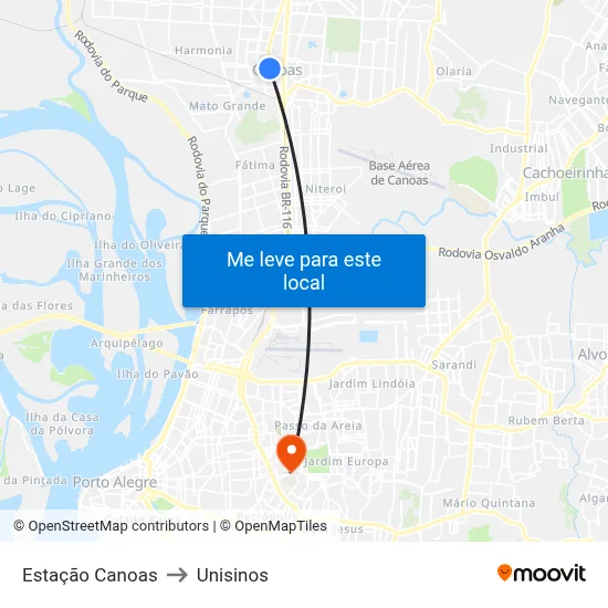 Estação Canoas to Unisinos map