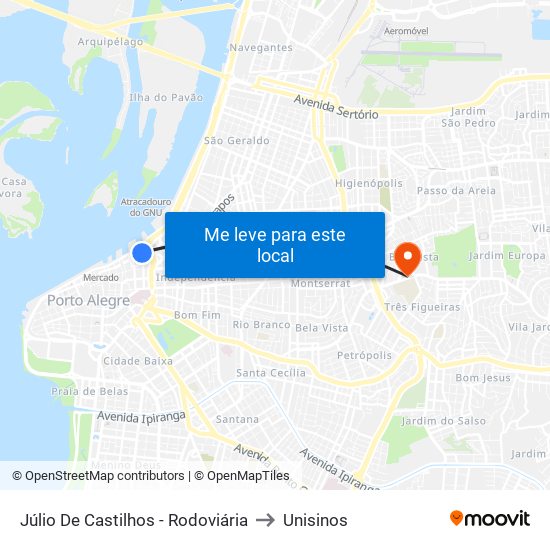 Júlio De Castilhos - Rodoviária to Unisinos map