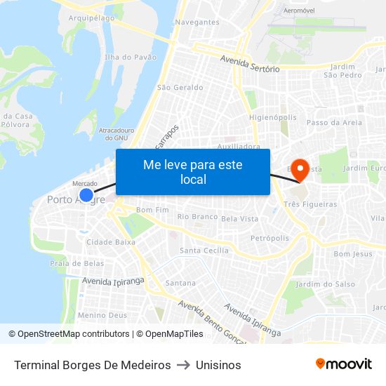 Terminal Borges De Medeiros to Unisinos map