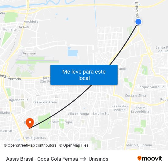 Assis Brasil - Coca-Cola Femsa to Unisinos map