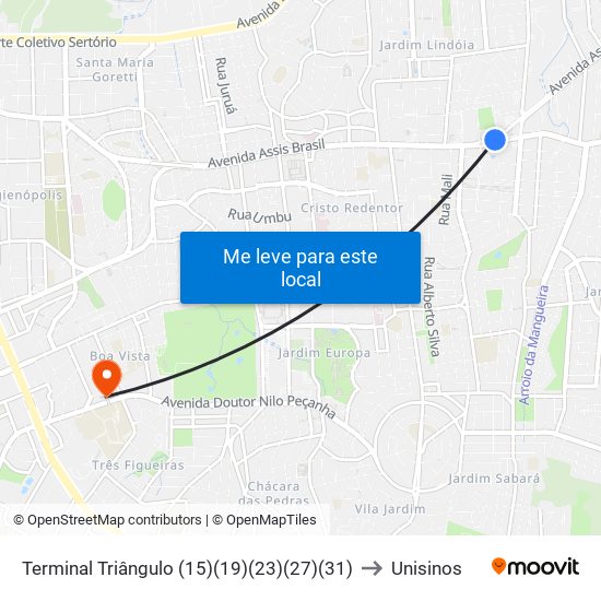 Terminal Triângulo (15)(19)(23)(27)(31) to Unisinos map