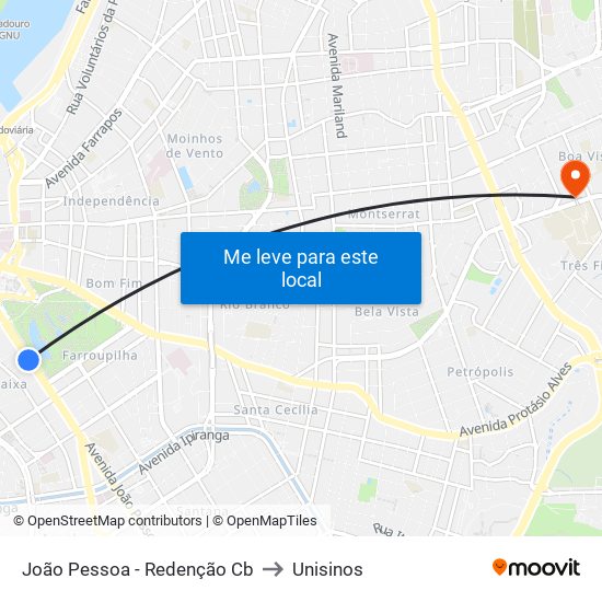 João Pessoa - Redenção Cb to Unisinos map