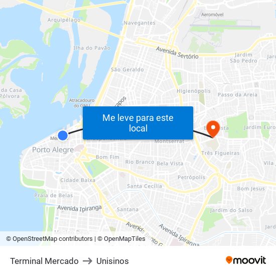 Terminal Mercado to Unisinos map
