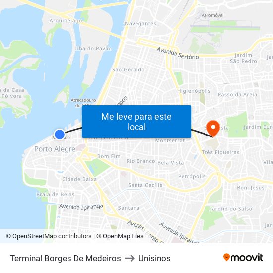 Terminal Borges De Medeiros to Unisinos map