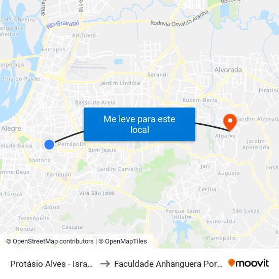 Protásio Alves - Israelita Cb to Faculdade Anhanguera Porto Verde map