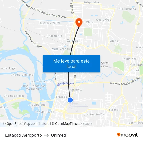Estação Aeroporto to Unimed map