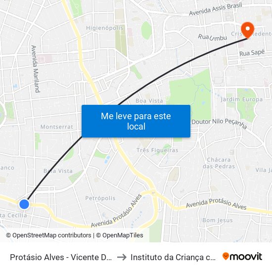Protásio Alves - Vicente Da Fontoura Cb to Instituto da Criança com Diabetes map