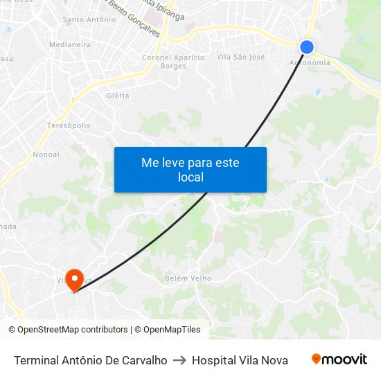 Terminal Antônio De Carvalho to Hospital Vila Nova map