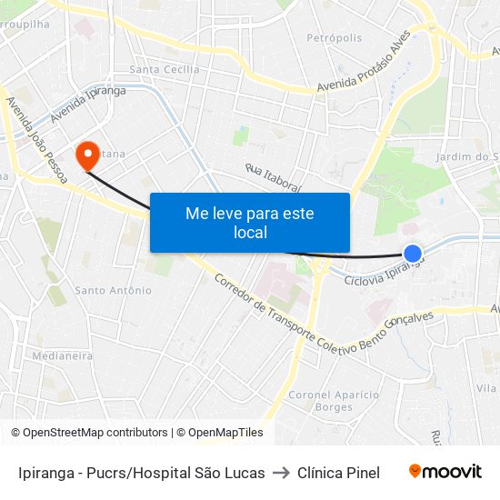 Ipiranga - Pucrs/Hospital São Lucas to Clínica Pinel map