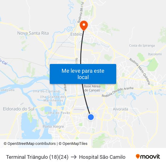 Terminal Triângulo (18)(24) to Hospital São Camilo map