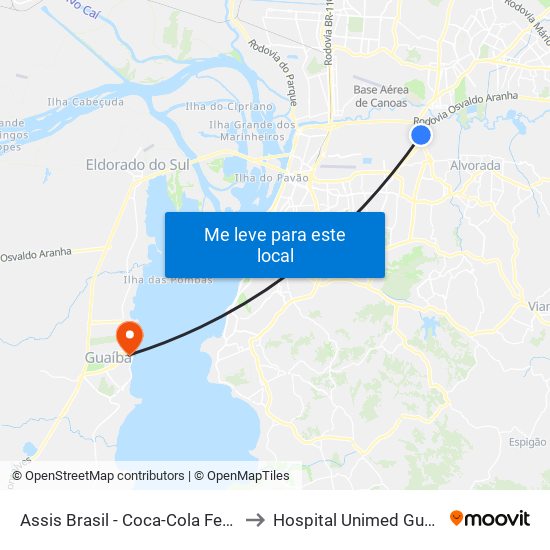 Assis Brasil - Coca-Cola Femsa to Hospital Unimed Guaiba map