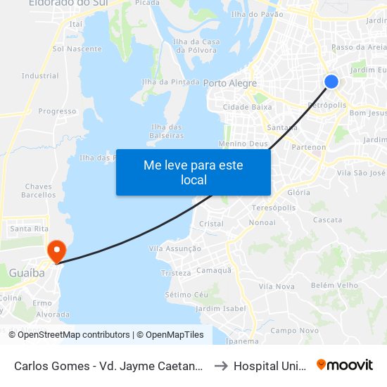 Carlos Gomes - Vd. Jayme Caetano Braun Ns (Piso Superior) to Hospital Unimed Guaiba map