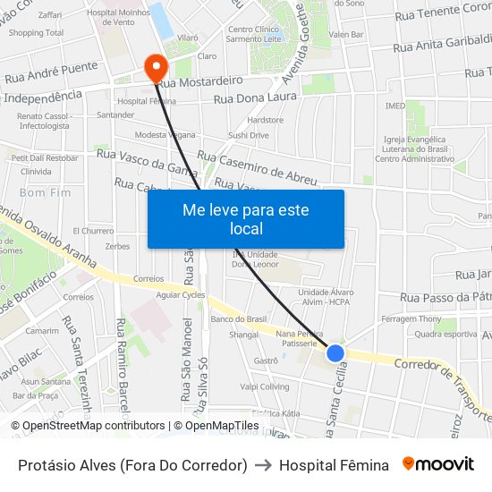 Protásio Alves (Fora Do Corredor) to Hospital Fêmina map