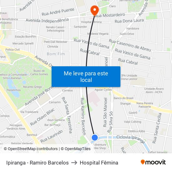 Ipiranga - Ramiro Barcelos to Hospital Fêmina map